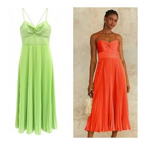 AMUR Krisley Pleated Satin Lime Green Midi Dress